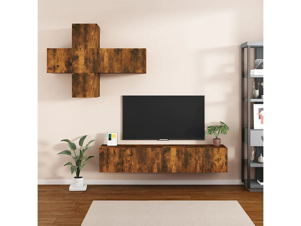 Evangelina  Juego de mueble TV 7 piezas madera contrachapada roble ahumado