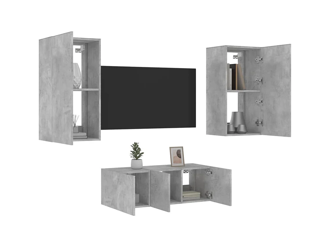 Bjerringbro  Unités murales TV avec LED 4 pcs gris béton bois d'ingénierie