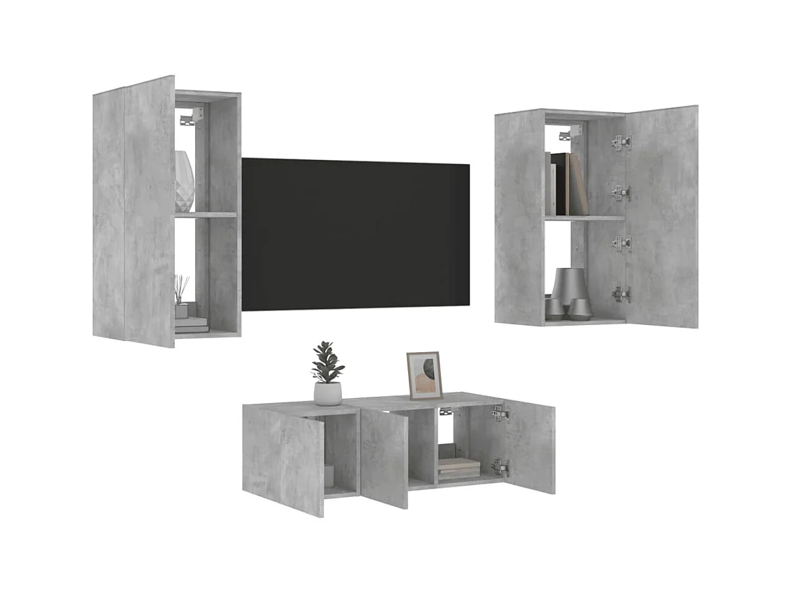Bjerringbro  Unités murales TV avec LED 4 pcs gris béton bois d'ingénierie