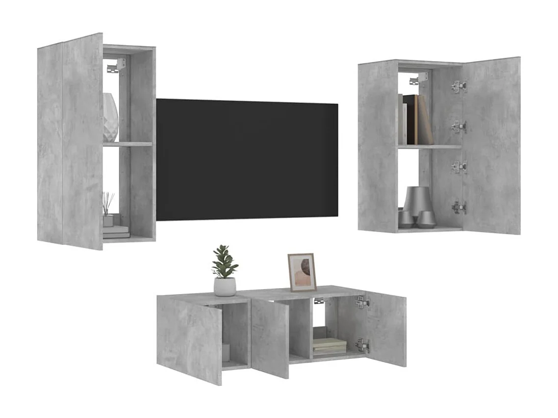 Bjerringbro  Unités murales TV avec LED 4 pcs gris béton bois d'ingénierie