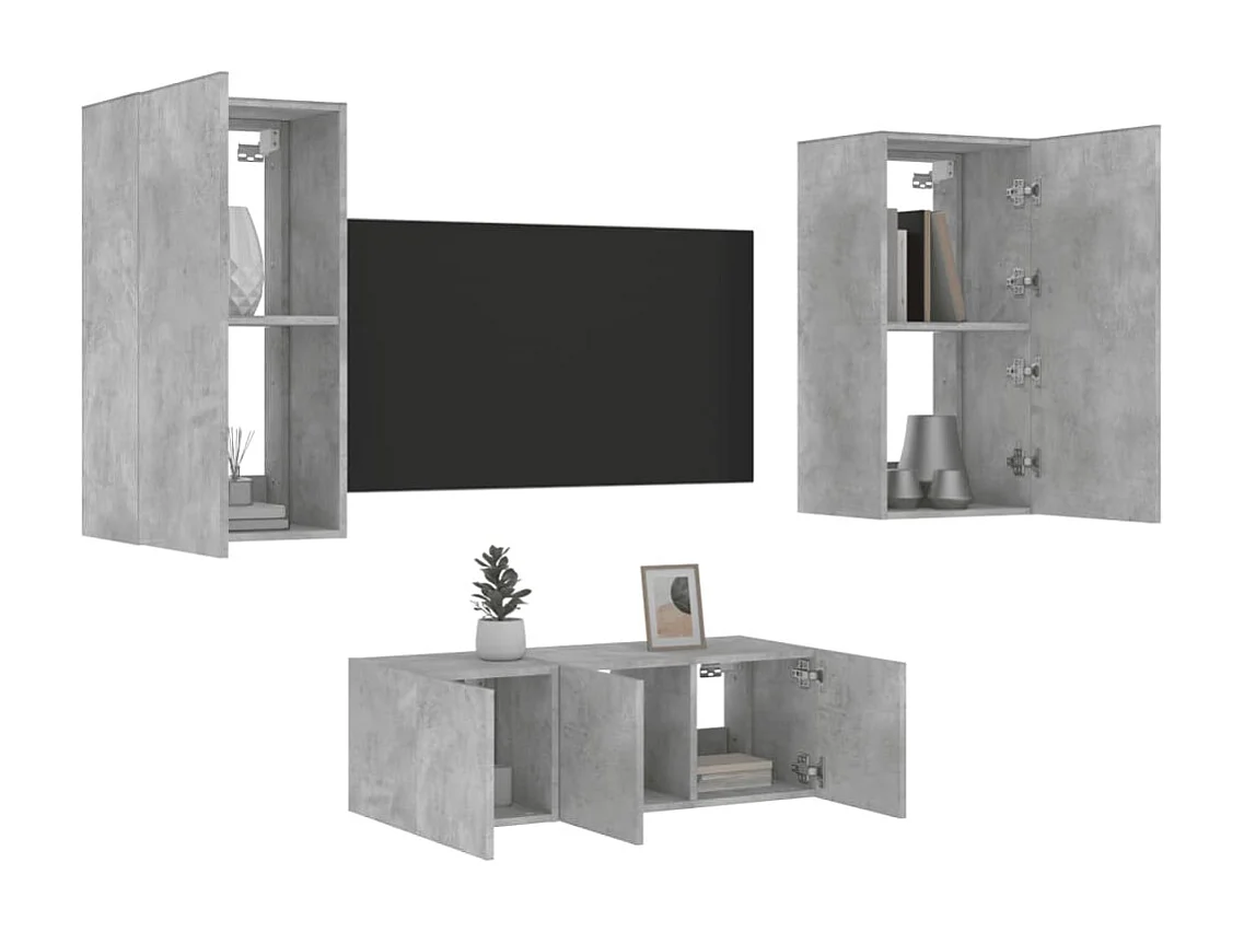 Bjerringbro  Unités murales TV avec LED 4 pcs gris béton bois d'ingénierie