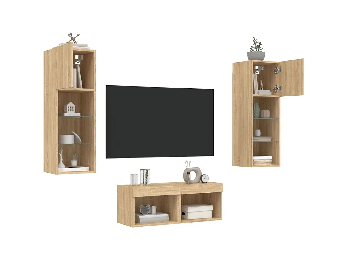 Brisora  Meuble TV muraux 4 pcs avec lumières LED chêne sonoma