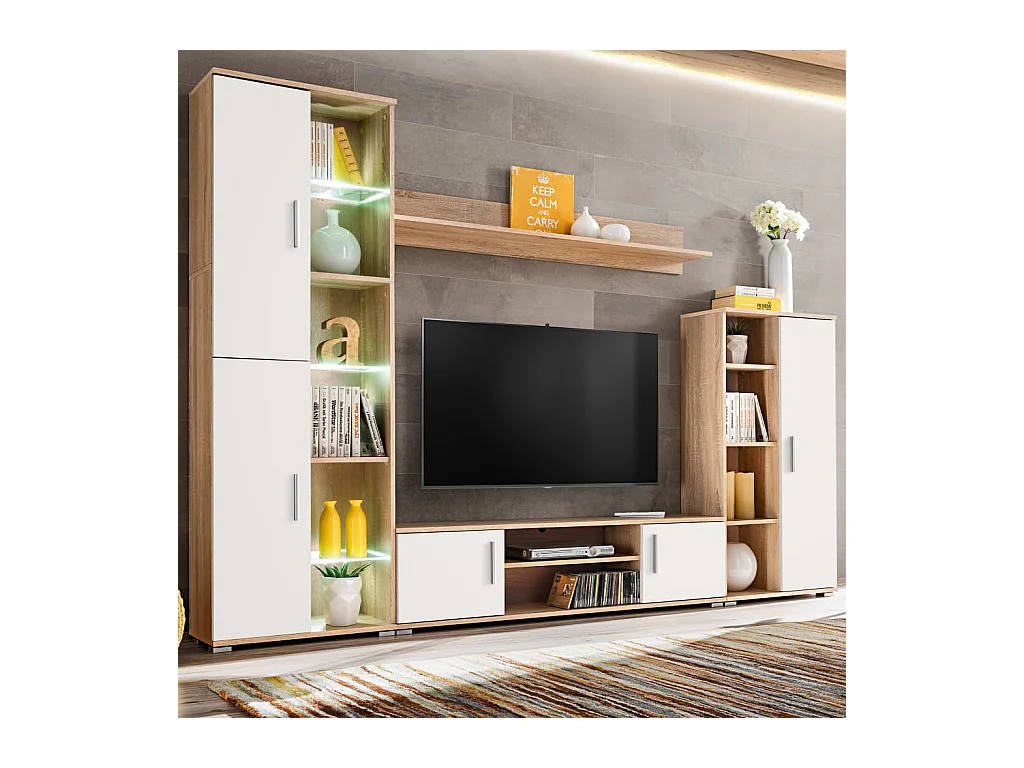 Paul-Baptiste  Meuble TV mural avec lumière LED Chêne sonoma et blanc