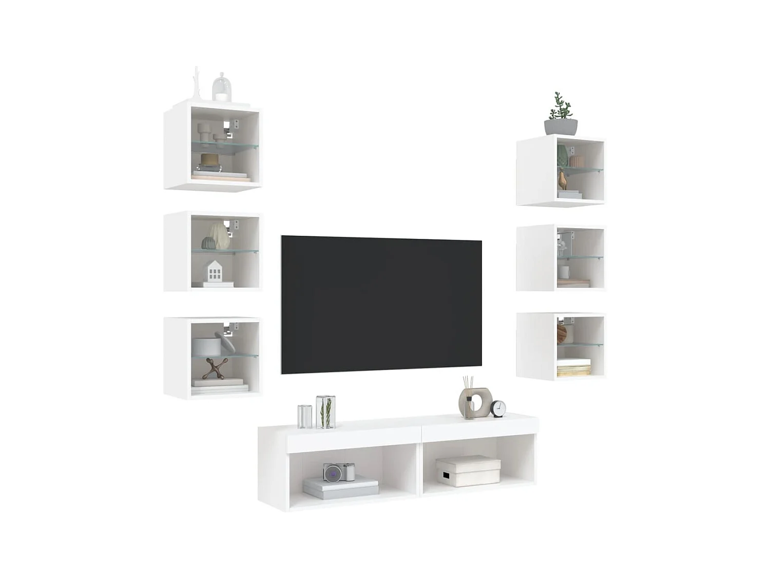 Pinar  Unités murales TV avec LED 8 pcs blanc bois d'ingénierie