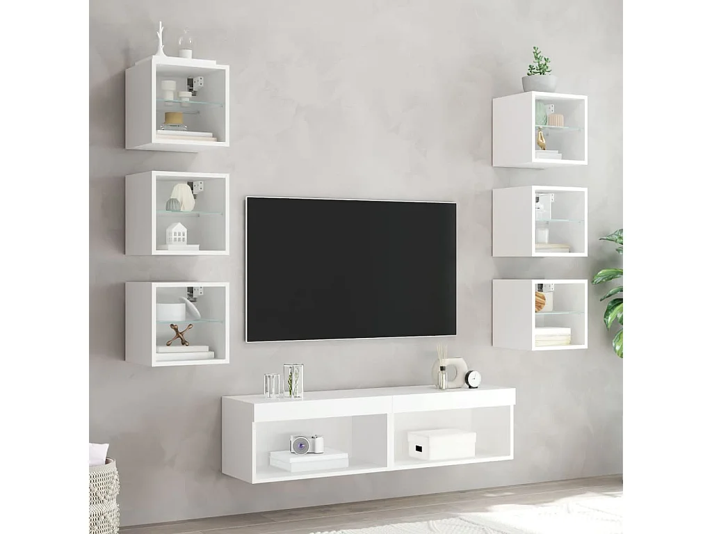 Pinar  Unités murales TV avec LED 8 pcs blanc bois d'ingénierie