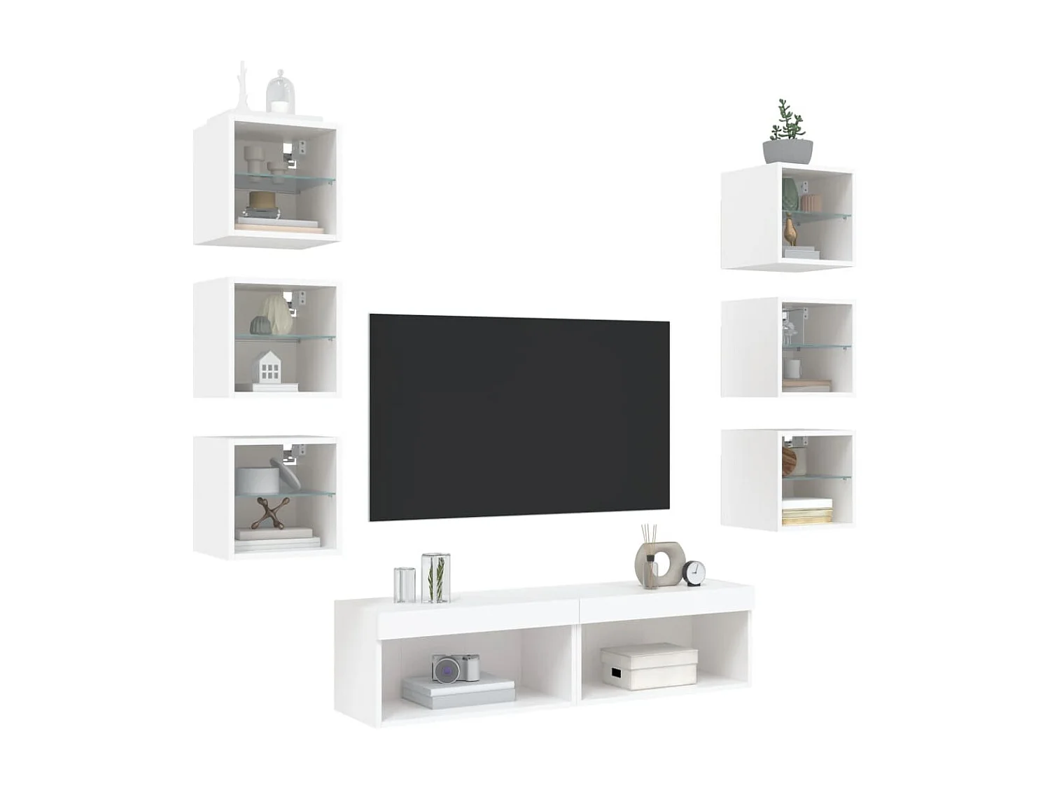 Pinar  Unités murales TV avec LED 8 pcs blanc bois d'ingénierie