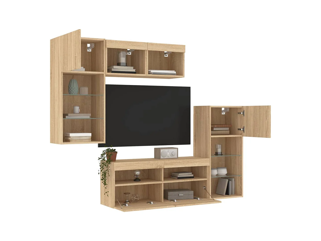 Grynti  Unités murales TV avec LED 5 pcs chêne sonoma bois d'ingénierie