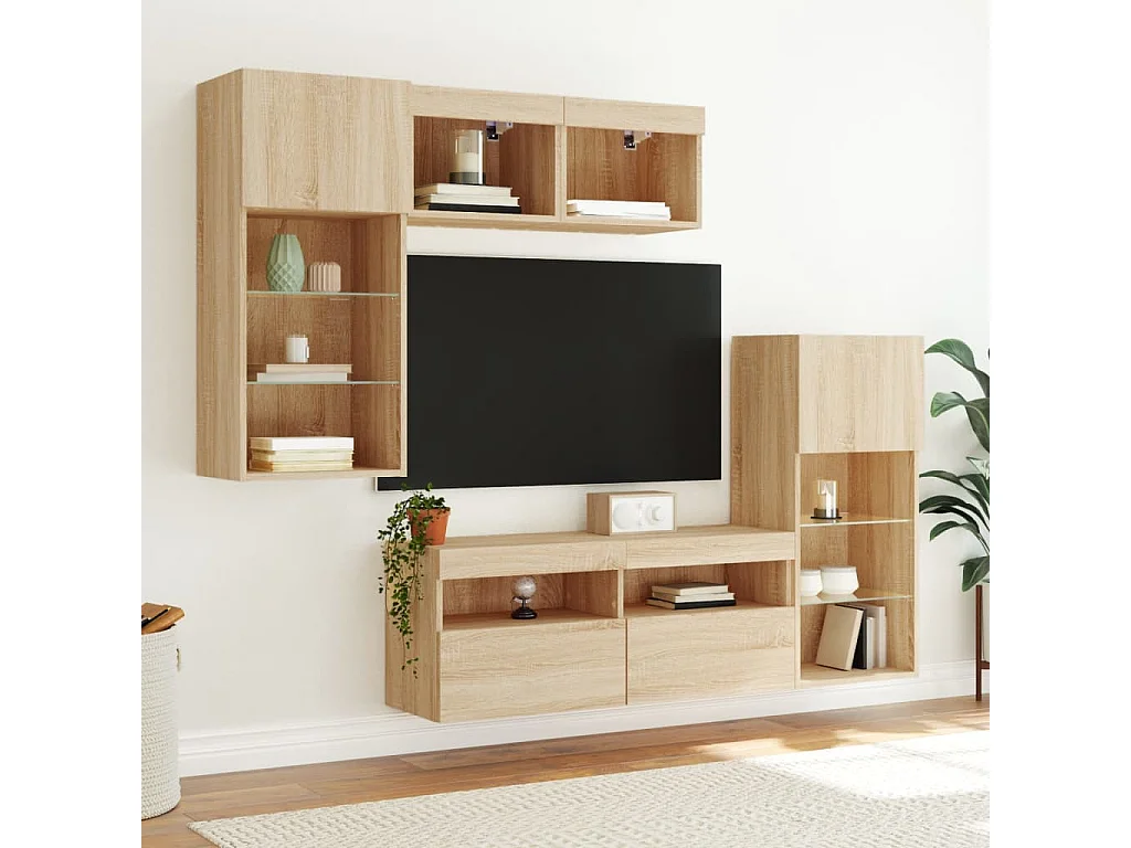 Grynti  5-delige Tv-wandmeubelset met LED bewerkt hout sonoma eiken