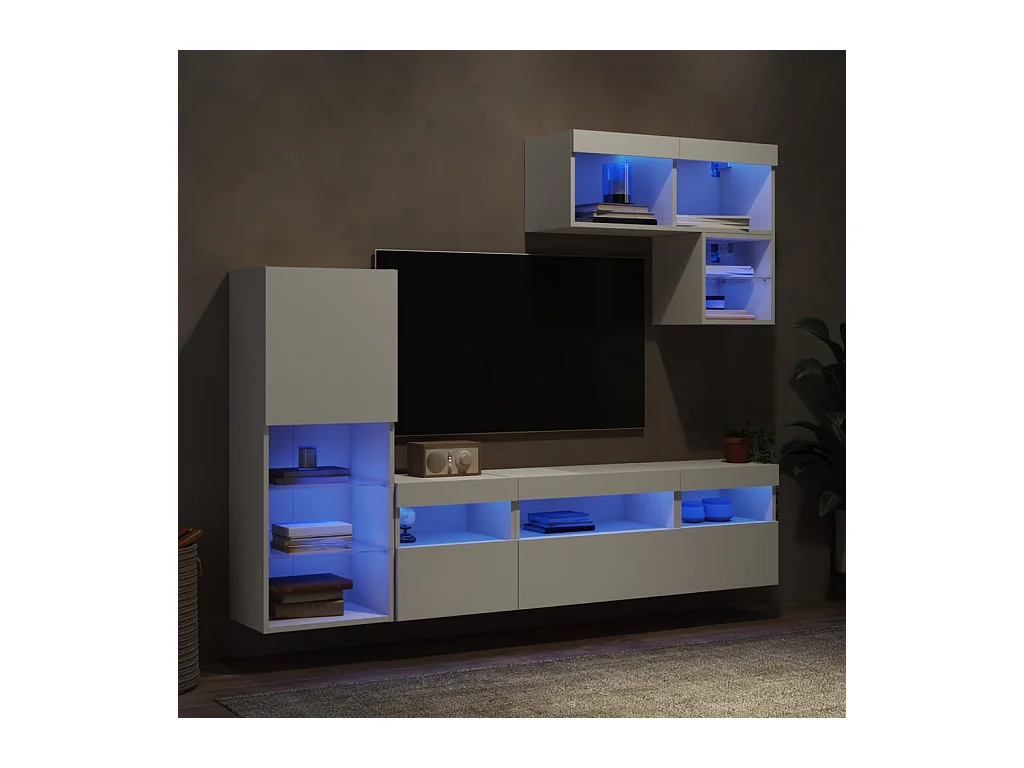 Tilda  Unités murales TV avec LED 6 pcs blanc bois d'ingénierie