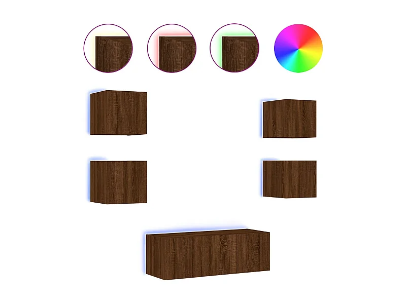 Doylestown  6-delige Tv-wandmeubelset met LED bewerkt hout bruineikenkleur