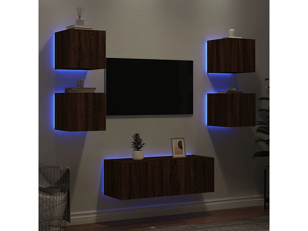 Doylestown  6-delige Tv-wandmeubelset met LED bewerkt hout bruineikenkleur