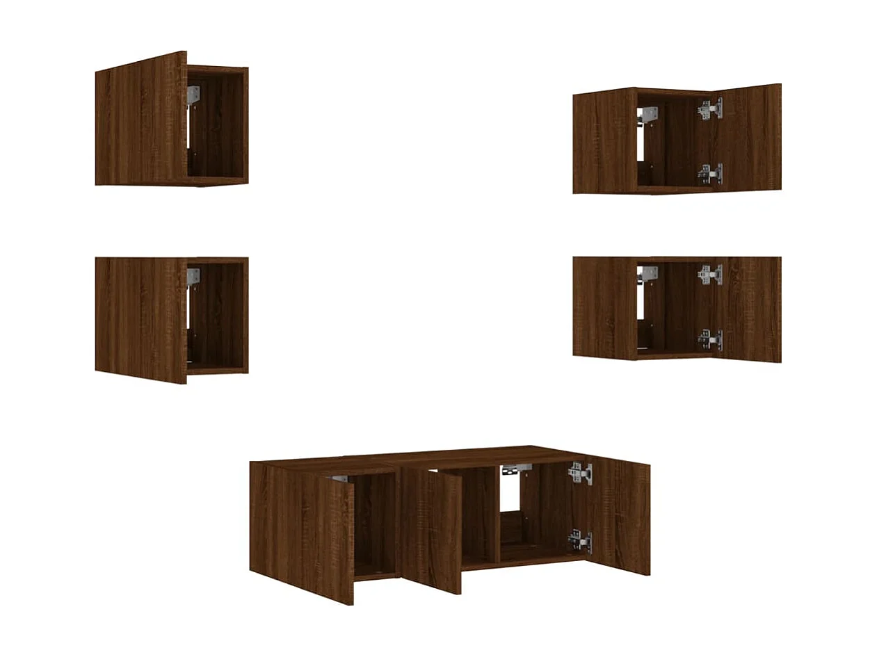 Doylestown  6-delige Tv-wandmeubelset met LED bewerkt hout bruineikenkleur