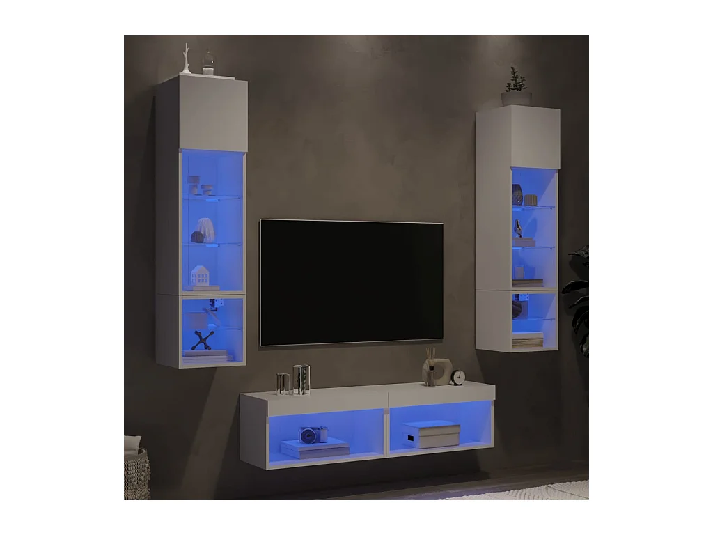 Ozelira  6-delige Tv-wandmeubelset met LED-verlichting bewerkt hout wit