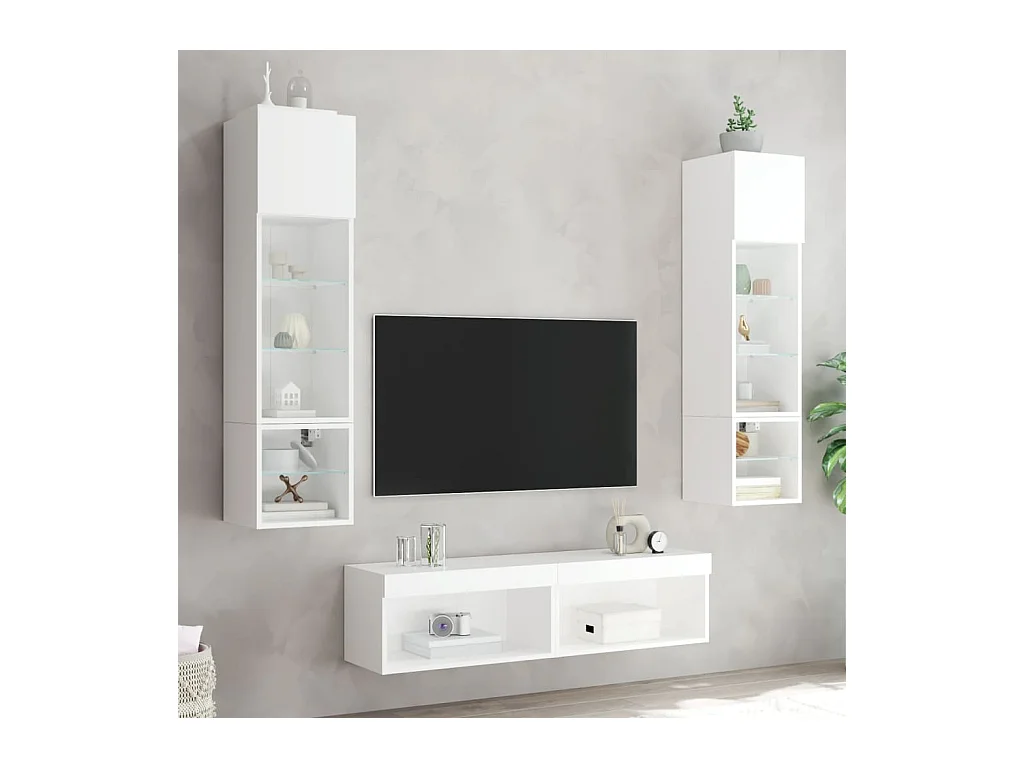 Ozelira  6-delige Tv-wandmeubelset met LED-verlichting bewerkt hout wit