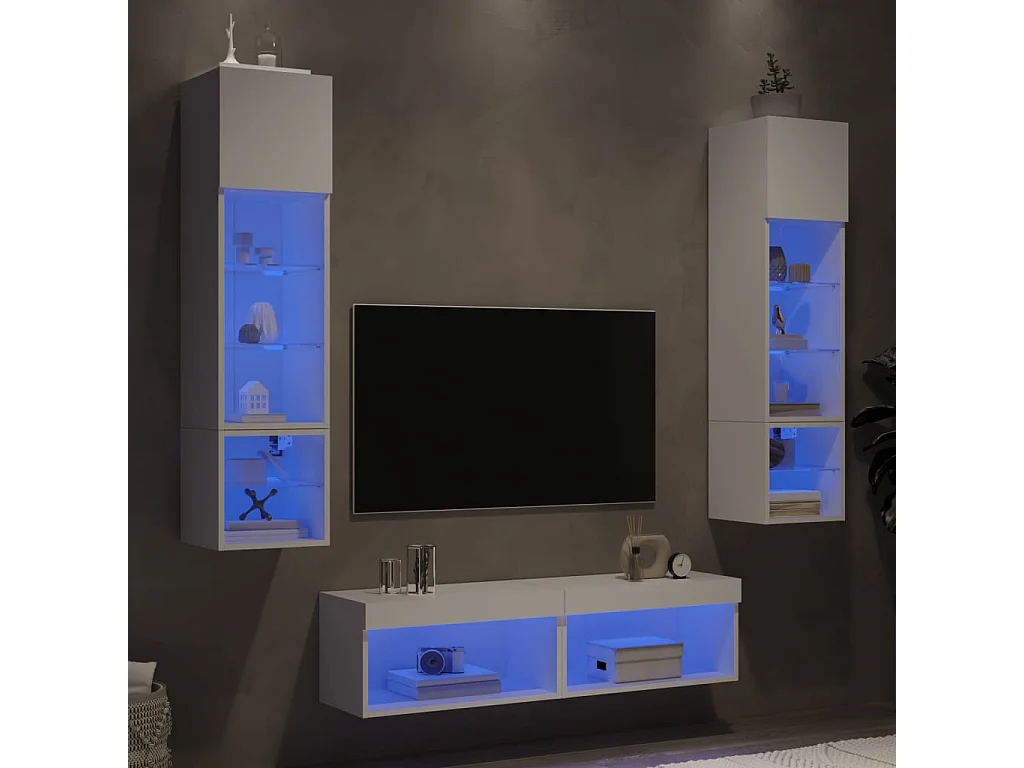 Ozelira  Unités murales TV avec LED 6 pcs blanc bois d'ingénierie