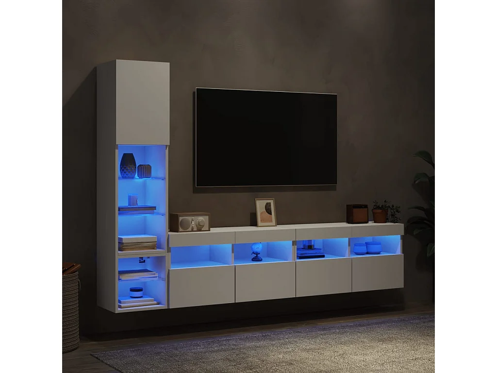Jorvik  4-delige Tv-wandmeubelset met LED-verlichting bewerkt hout wit