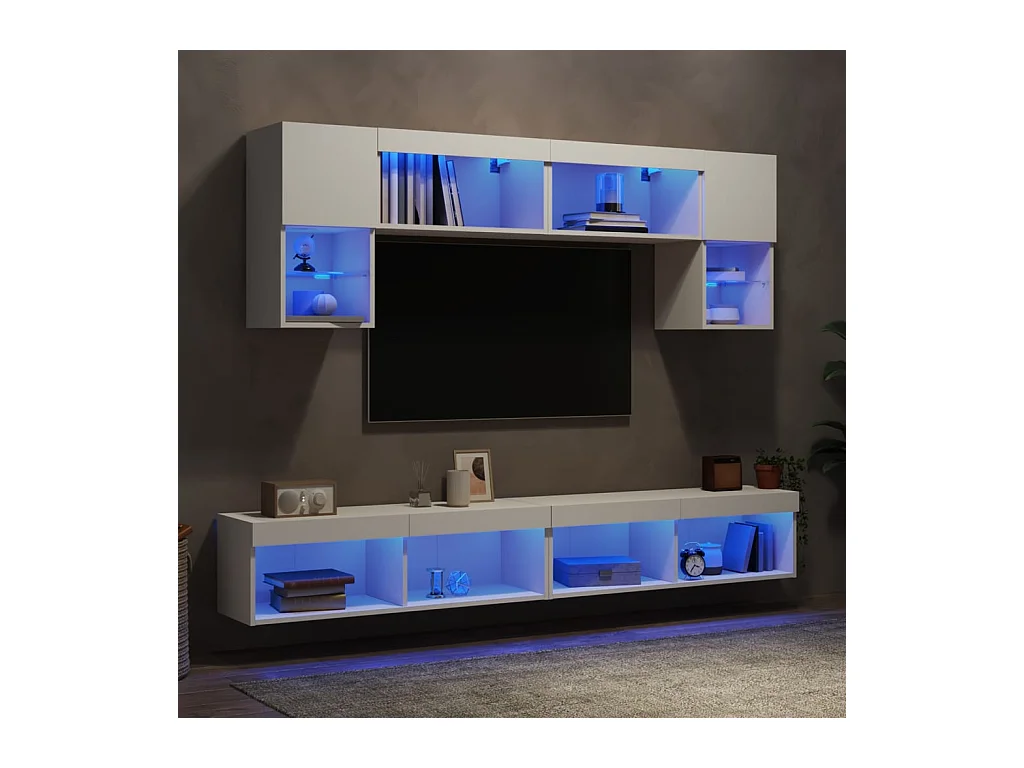 Kasperi  6-delige Tv-wandmeubelset met LED-verlichting bewerkt hout wit