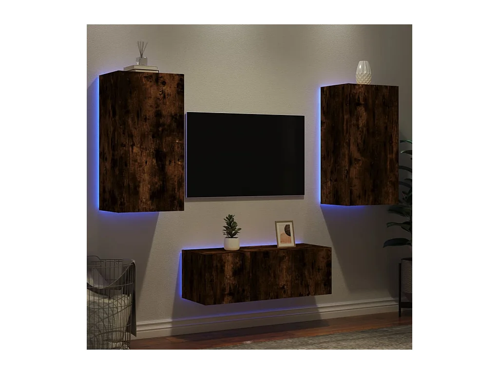 Bjerringbro  Unités murales TV avec LED 4 pcs chêne fumé bois d'ingénierie