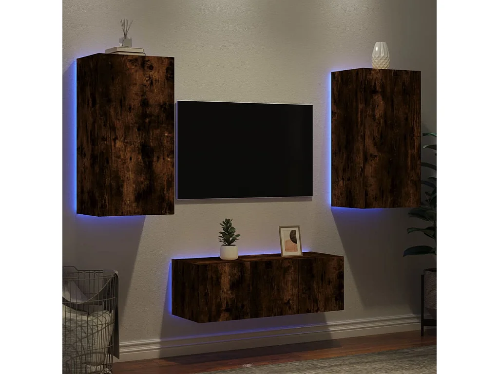 Bjerringbro  Unités murales TV avec LED 4 pcs chêne fumé bois d'ingénierie