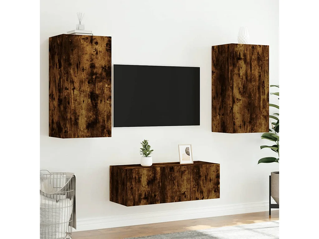 Bjerringbro  Unités murales TV avec LED 4 pcs chêne fumé bois d'ingénierie