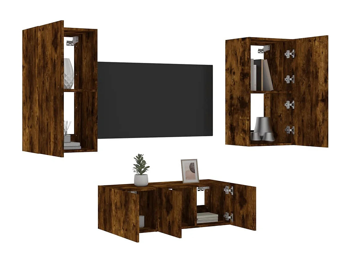 Bjerringbro  Unités murales TV avec LED 4 pcs chêne fumé bois d'ingénierie