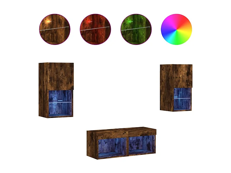 Cecilia Fernanda  Meuble TV muraux 4 pcs avec lumières LED chêne fumé