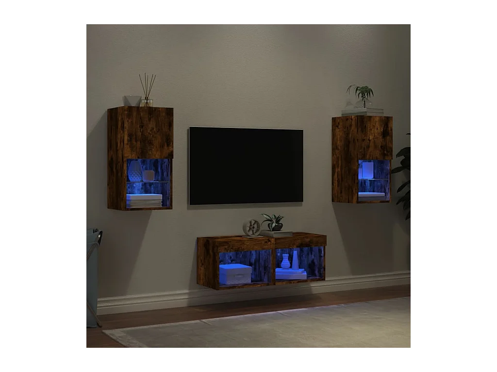 Cecilia Fernanda  Meuble TV muraux 4 pcs avec lumières LED chêne fumé