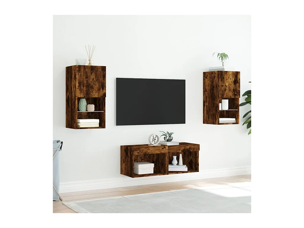 Cecilia Fernanda  Meuble TV muraux 4 pcs avec lumières LED chêne fumé