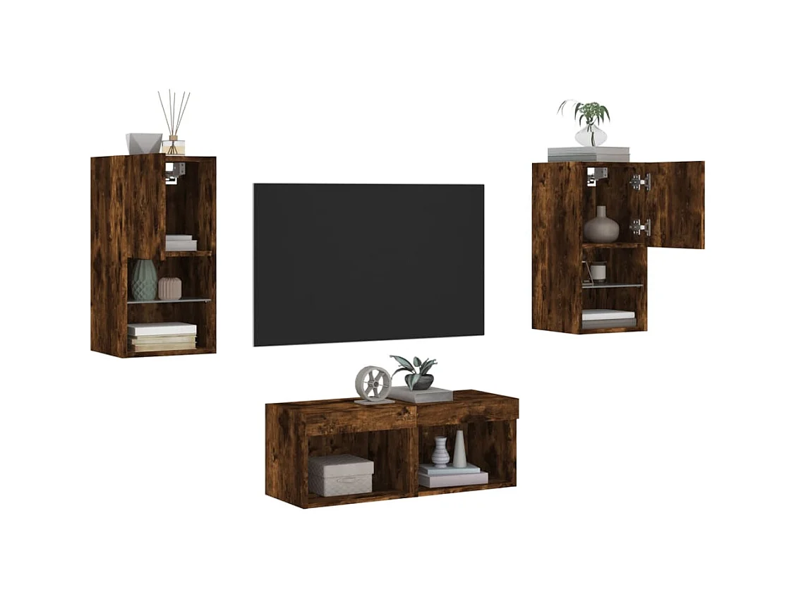 Cecilia Fernanda  Meuble TV muraux 4 pcs avec lumières LED chêne fumé