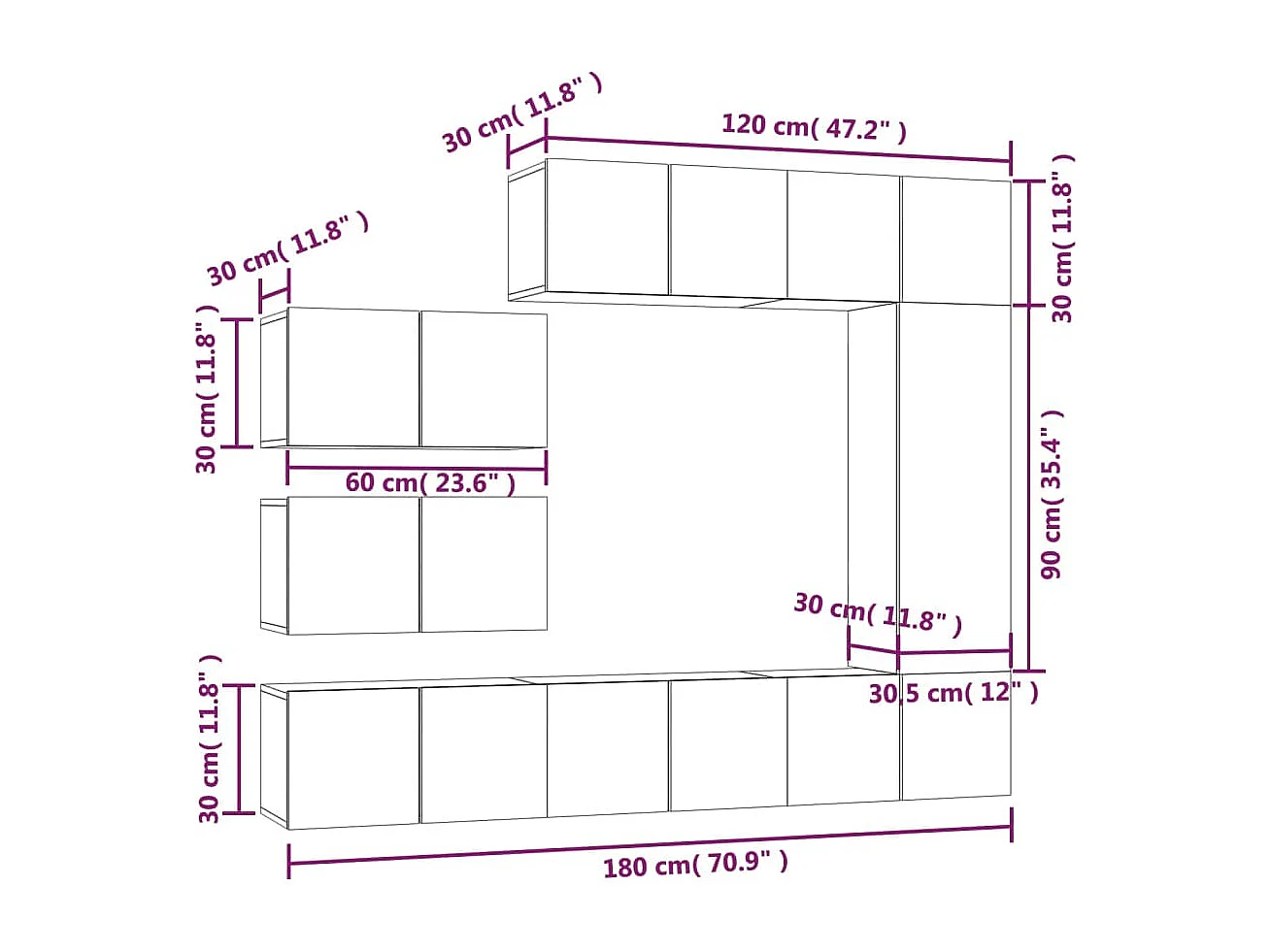 Lois  8-delige Tv-meubelset bewerkt hout grijs sonoma eikenkleurig