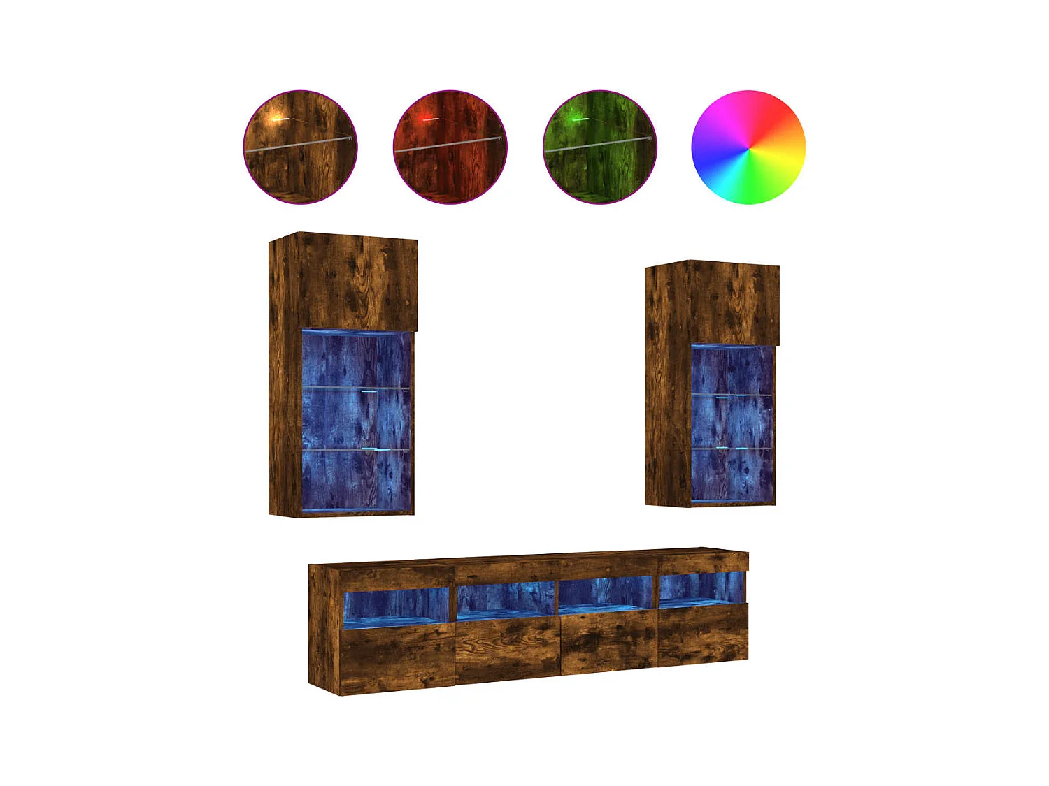 Xorlin  5-delige tv-wandmeubelset met LED bewerkt hout gerookt eiken