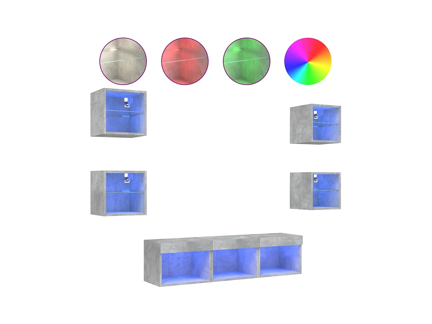 Coolgreany  7-delige Tv-wandmeubelset met LED bewerkt hout betongrijs