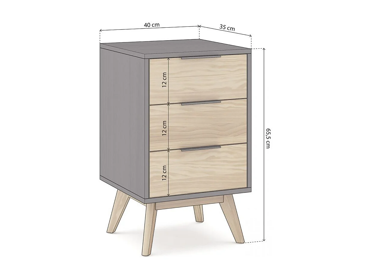 Mesita de noche Numa 3 cajones Gris Alpino - Oak