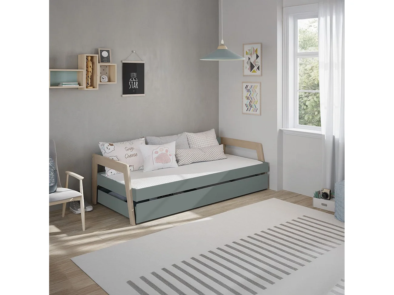 Cama doble juvenil Misty Haze Verde Salvia - Oak Soft