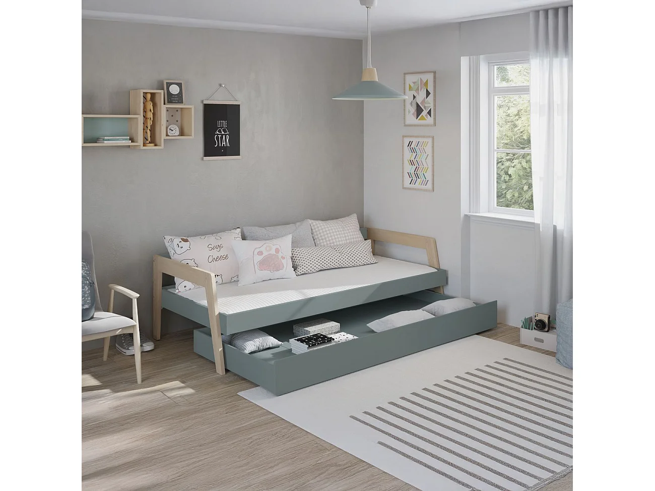 Cama doble juvenil Misty Haze Verde Salvia - Oak Soft