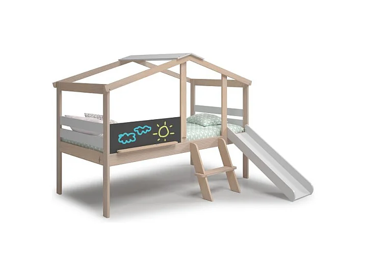 Cama cabaña con tobogán Rushi Blanco - Oak Soft