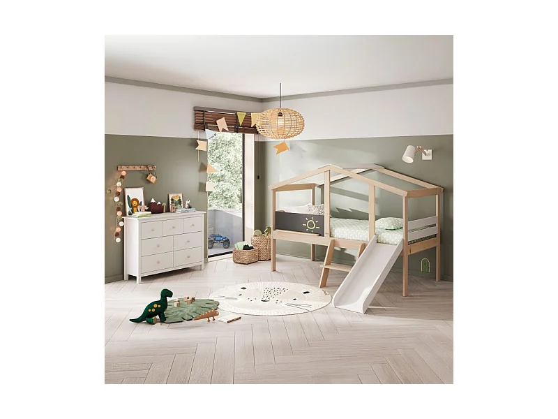 Cama cabaña con tobogán Rushi Blanco - Oak Soft