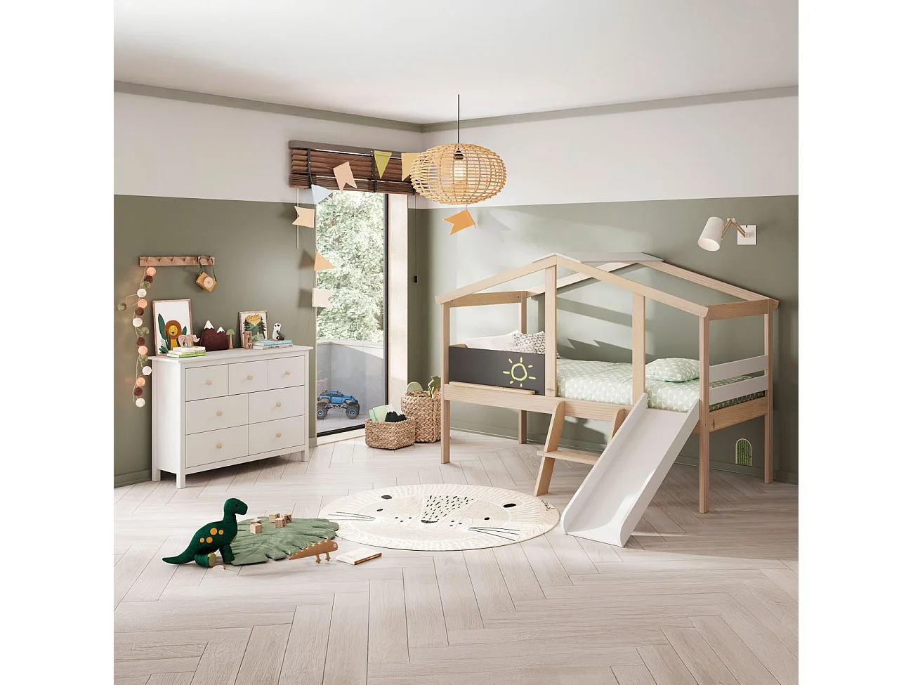 Cama cabaña con tobogán Rushi Blanco - Oak Soft