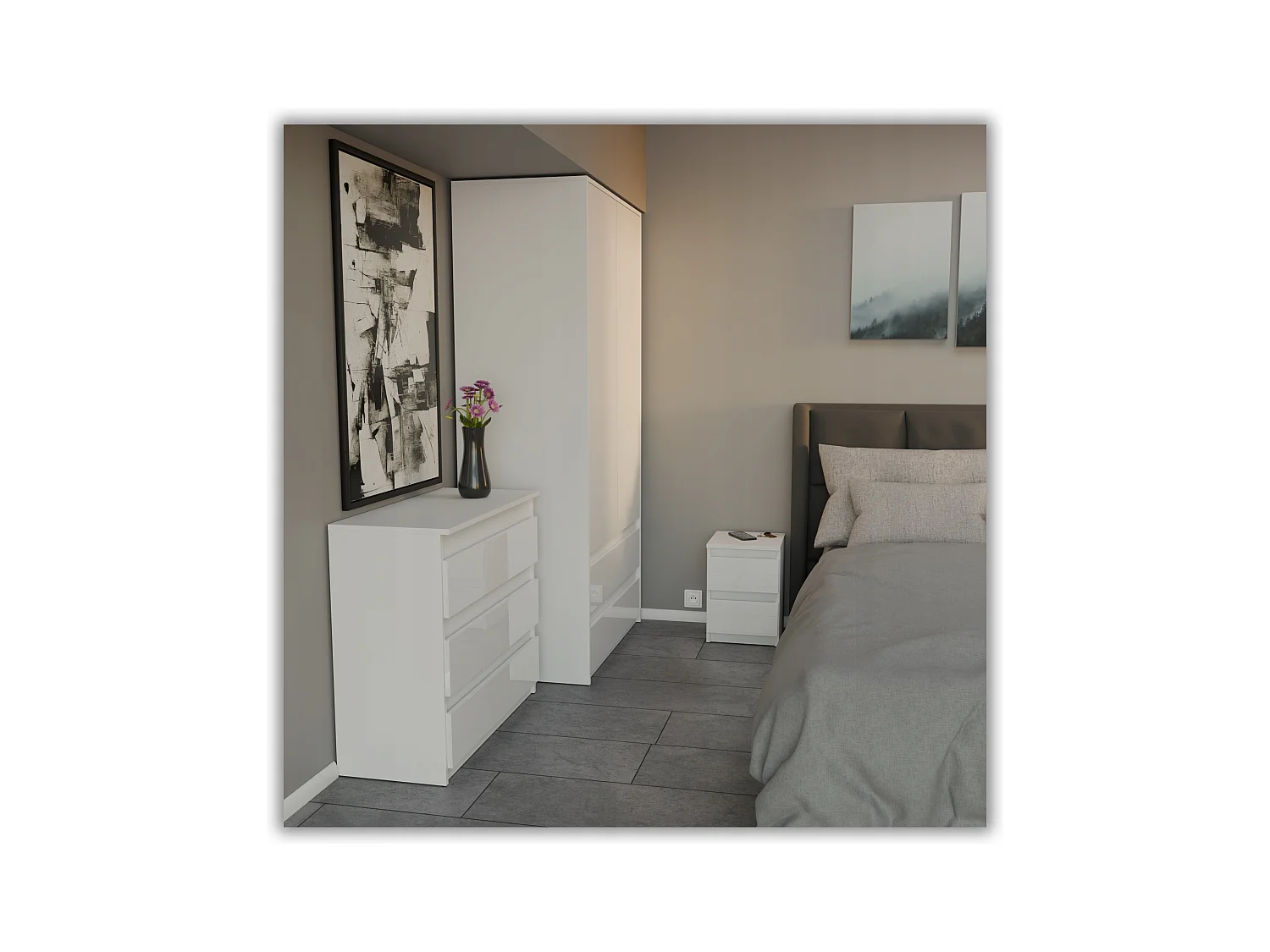 Table de chevet Blanc Mat+ Blanc brillant 30x30x42CM 2 tiroirs -meuble de nuit pour chambre à coucher loft