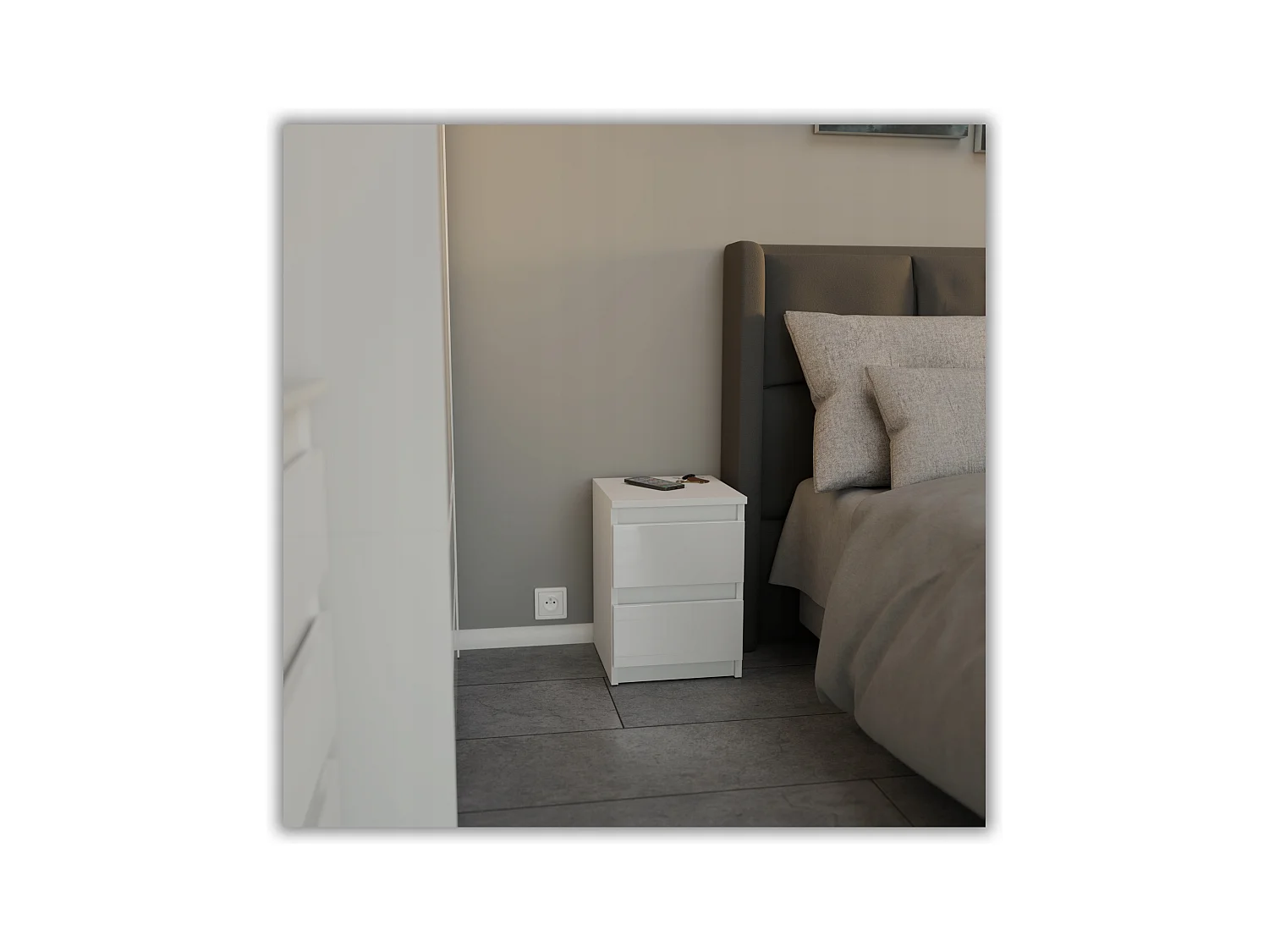 Table de chevet Blanc Mat+ Blanc brillant 30x30x42CM 2 tiroirs -meuble de nuit pour chambre à coucher loft