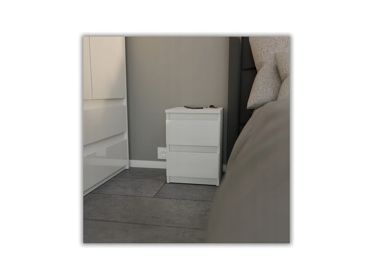 Table de chevet Blanc Mat+ Blanc brillant 30x30x42CM 2 tiroirs -meuble de nuit pour chambre à coucher loft