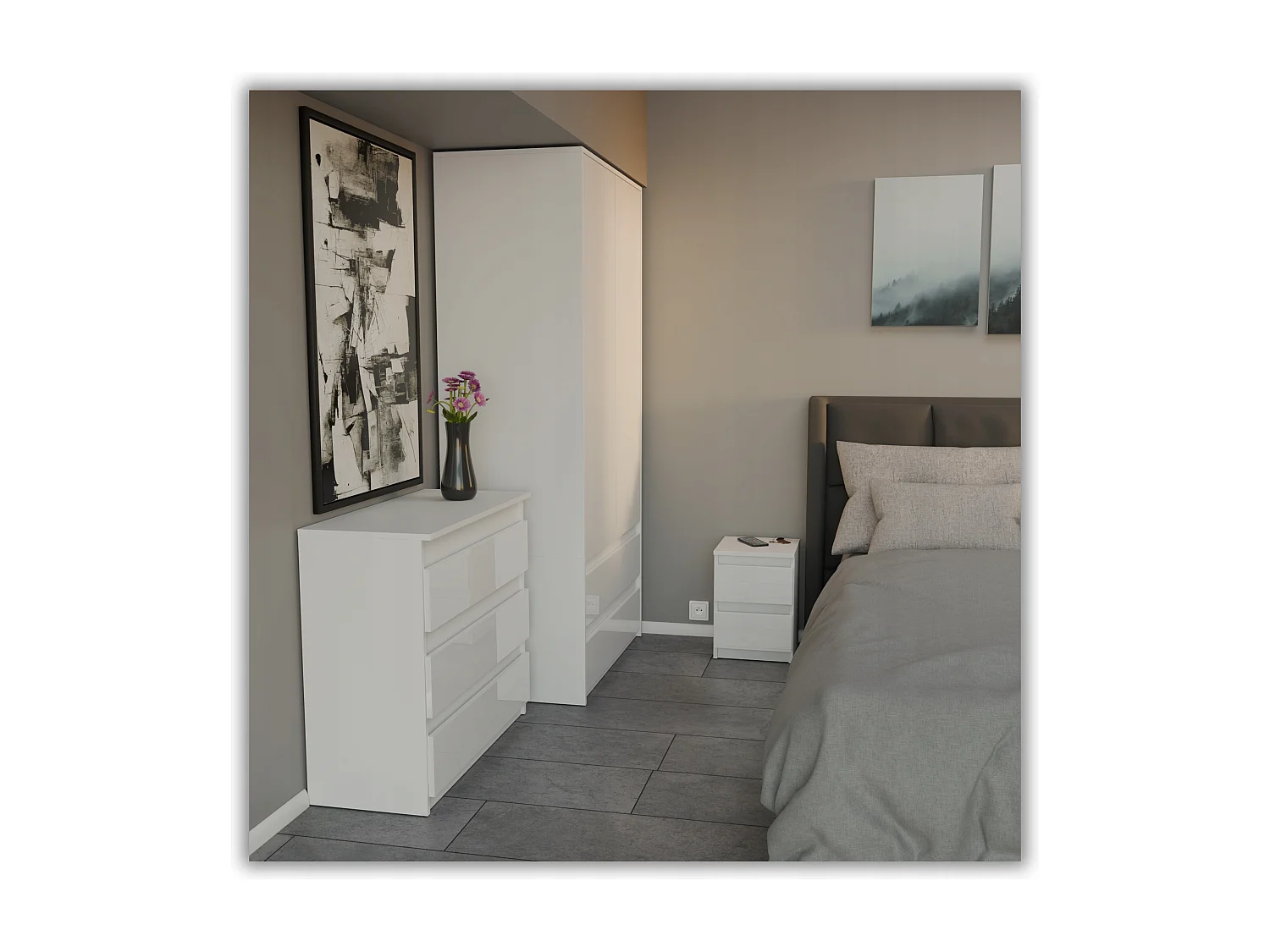 Table de chevet Blanc Mat+ Blanc brillant 30x30x42CM 2 tiroirs -meuble de nuit pour chambre à coucher loft