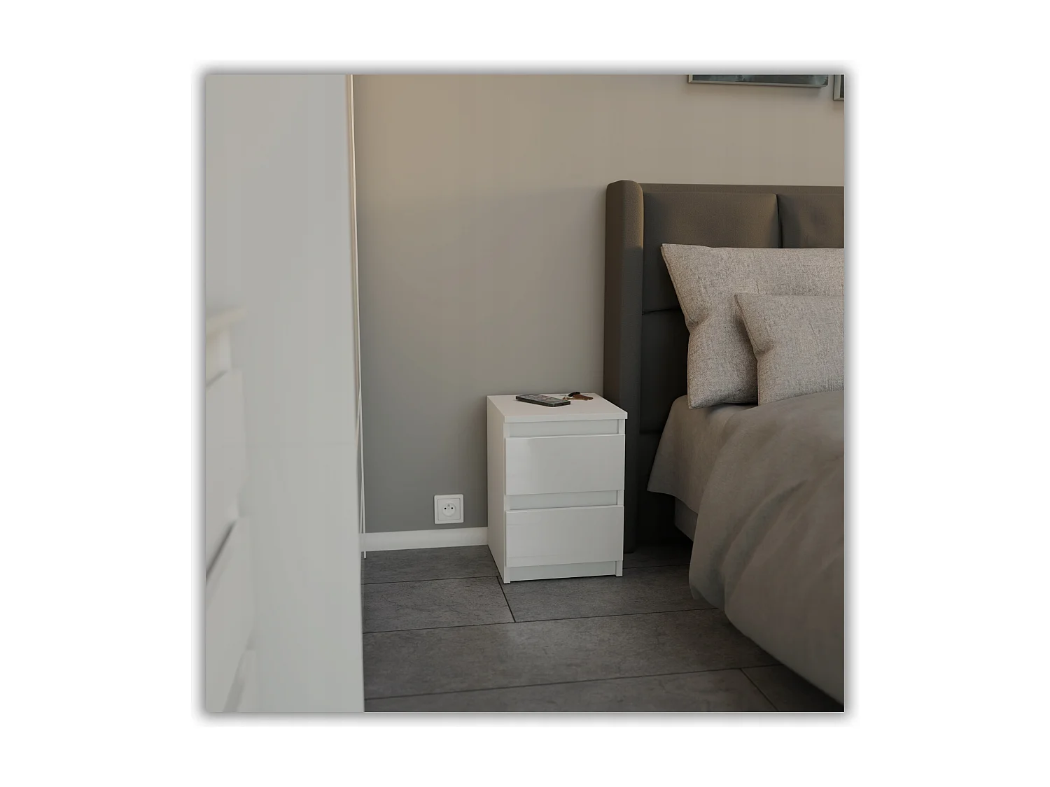 Table de chevet Blanc Mat+ Blanc brillant 30x30x42CM 2 tiroirs -meuble de nuit pour chambre à coucher loft