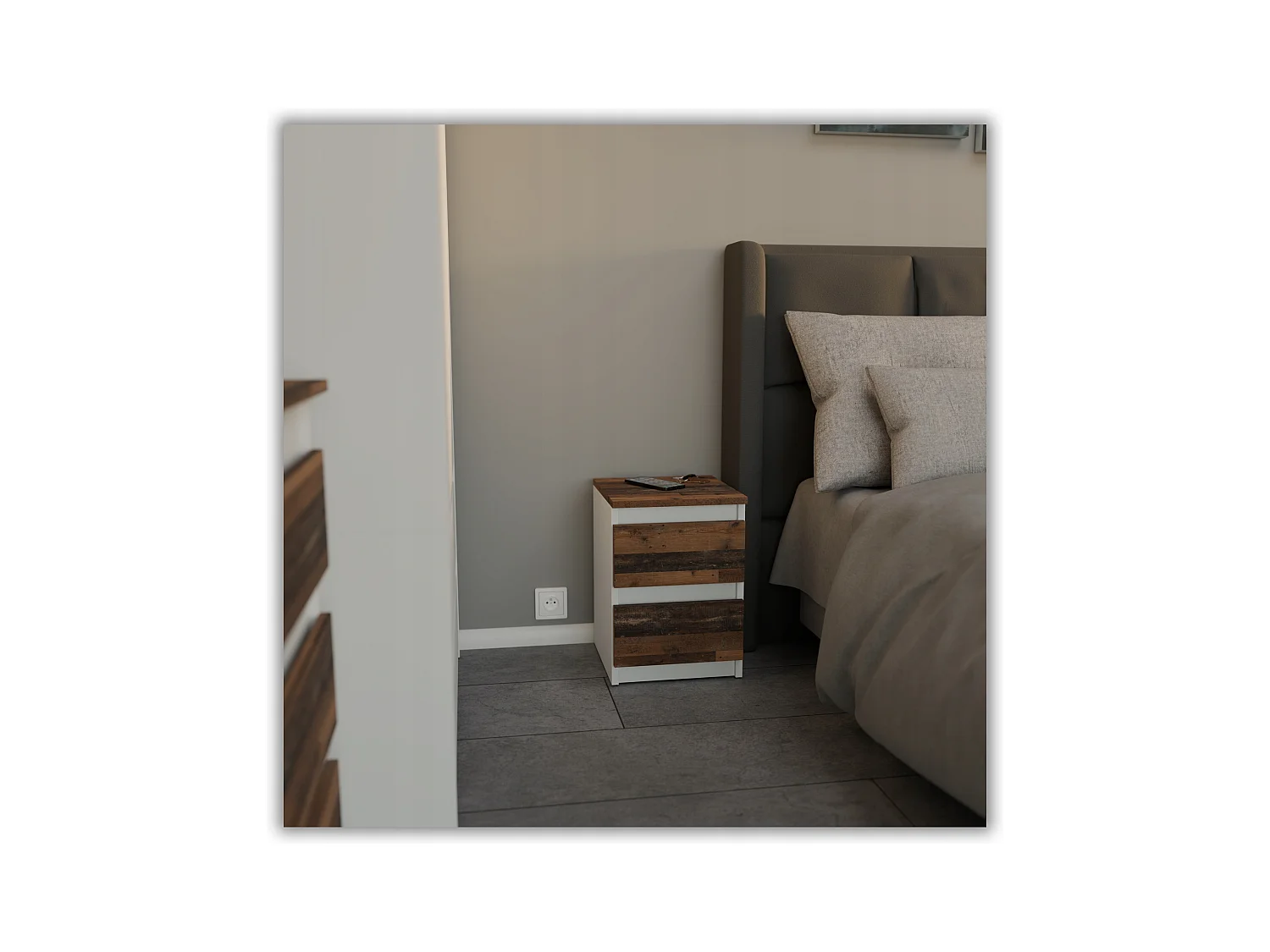 Table de chevet Blanc + OLD Vintage 30x30x42CM 2 tiroirs-meuble de nuit pour chambre à coucher loft