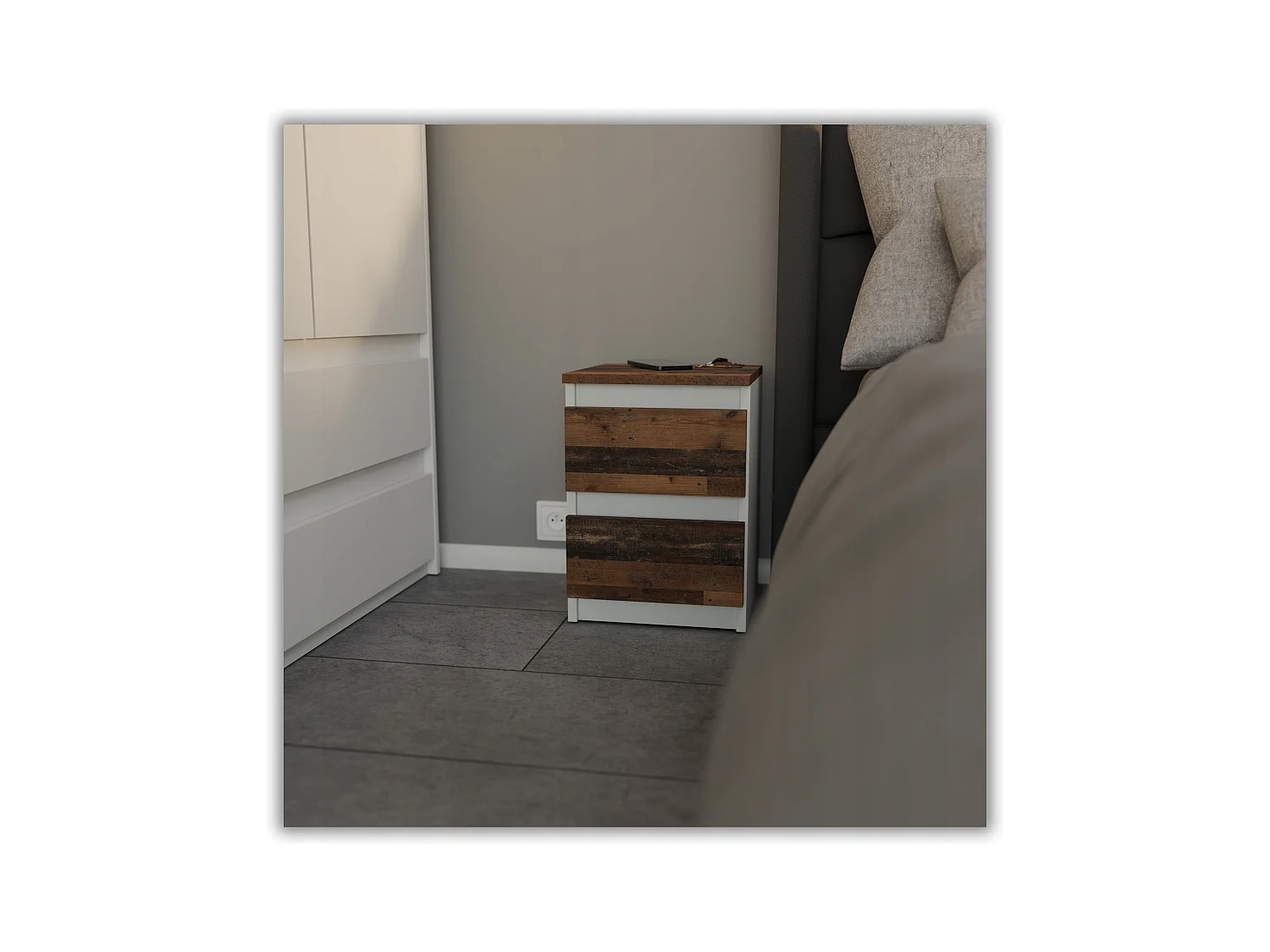 Table de chevet Blanc + OLD Vintage 30x30x42CM 2 tiroirs-meuble de nuit pour chambre à coucher loft