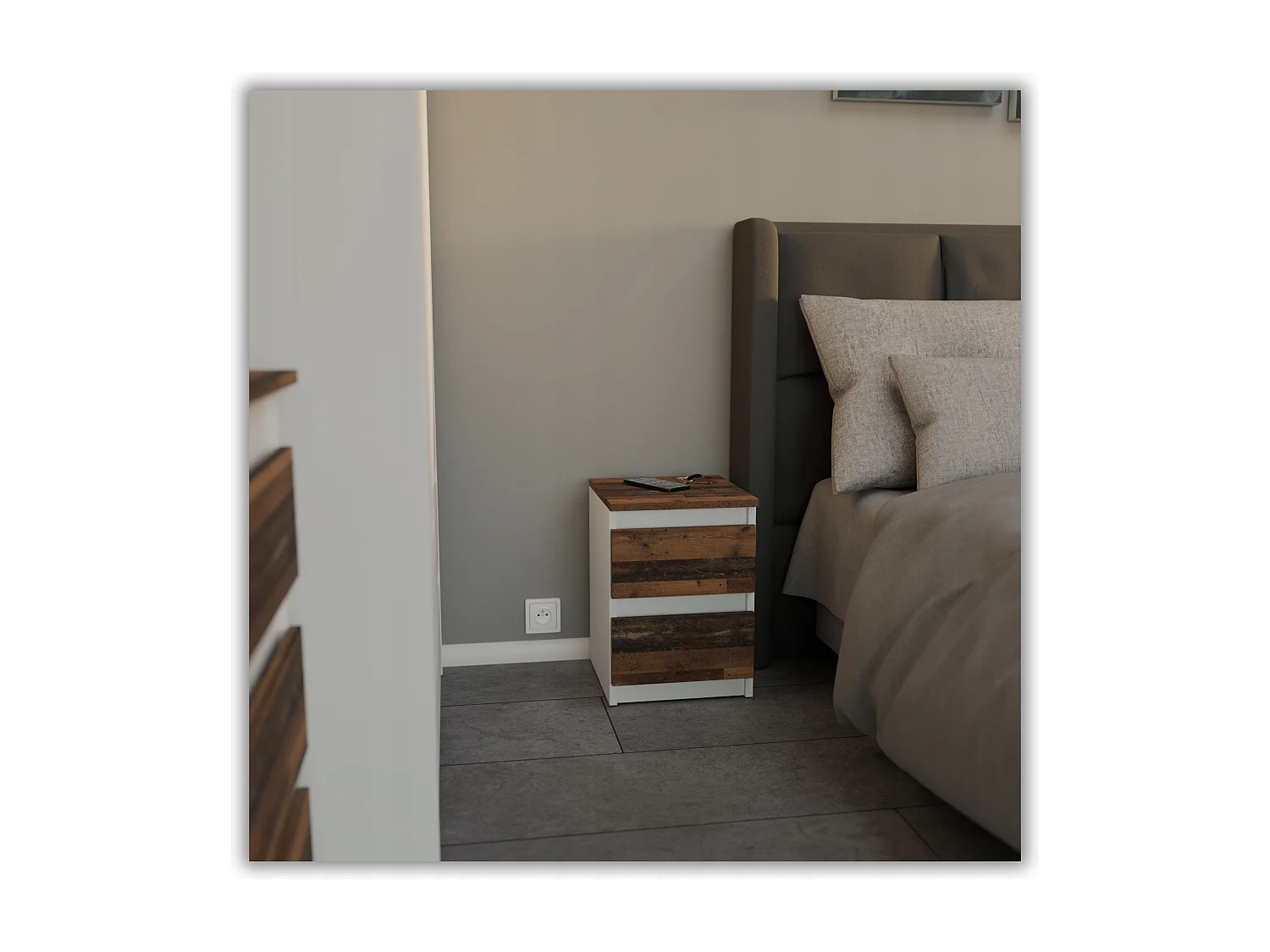 Table de chevet Blanc + OLD Vintage 30x30x42CM 2 tiroirs-meuble de nuit pour chambre à coucher loft