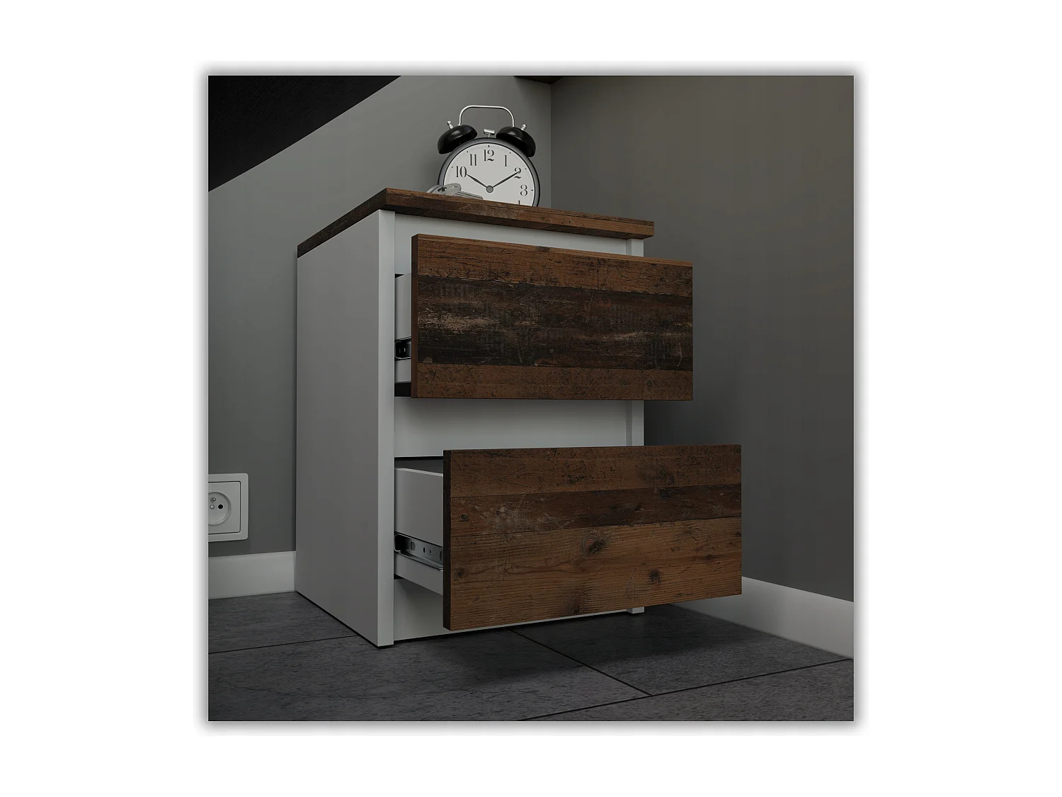 Table de chevet Blanc + OLD Vintage 30x30x42CM 2 tiroirs-meuble de nuit pour chambre à coucher loft