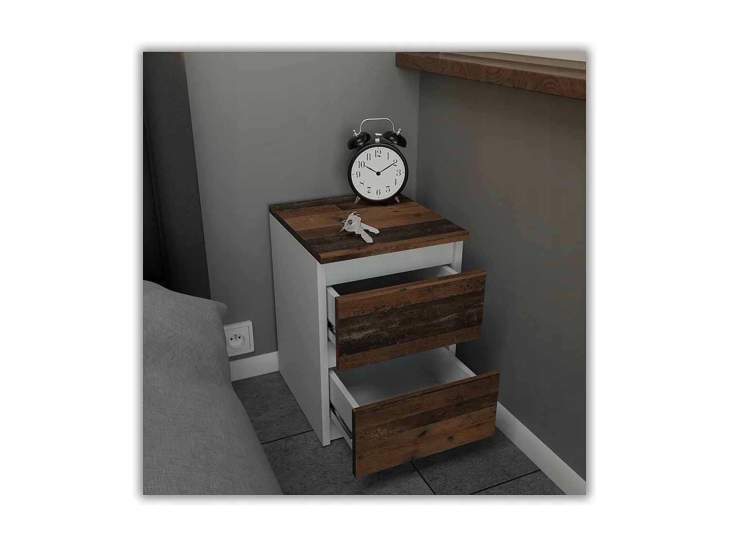 Table de chevet Blanc + OLD Vintage 30x30x42CM 2 tiroirs-meuble de nuit pour chambre à coucher loft