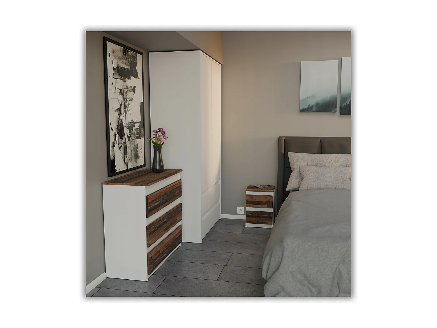 Table de chevet Blanc + OLD Vintage 30x30x42CM 2 tiroirs-meuble de nuit pour chambre à coucher loft