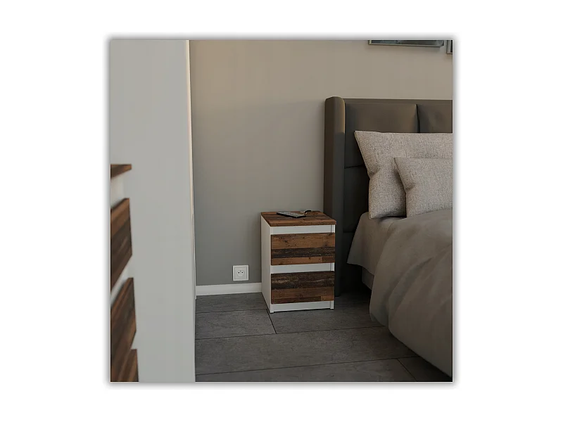 Table de chevet Blanc + OLD Vintage 30x30x42CM 2 tiroirs-meuble de nuit pour chambre à coucher loft